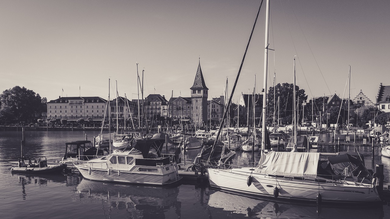 port of lindau  lake constance  black white free photo