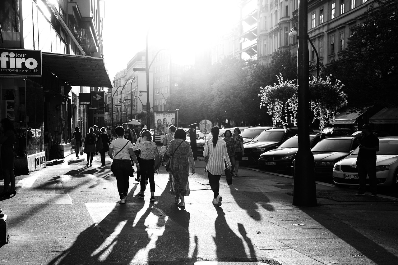 Download free photo of Prague, street, shadows, black and white, people ...