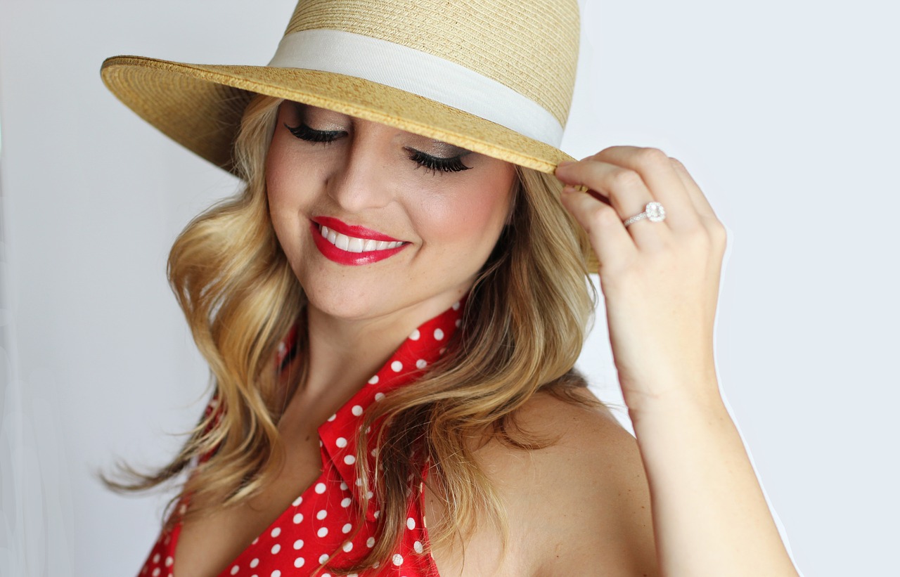 pretty girl polka dot straw hat free photo