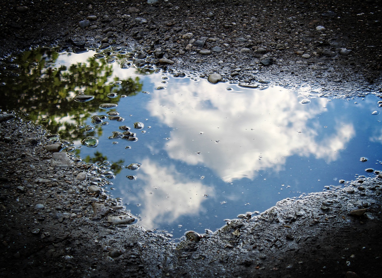 Puddlewaterreflectioncloudsblue Free Image From