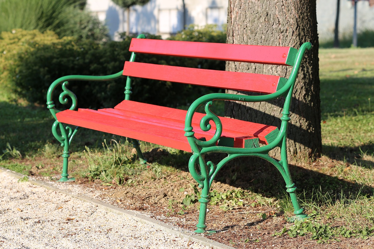 red bench  park  green free photo