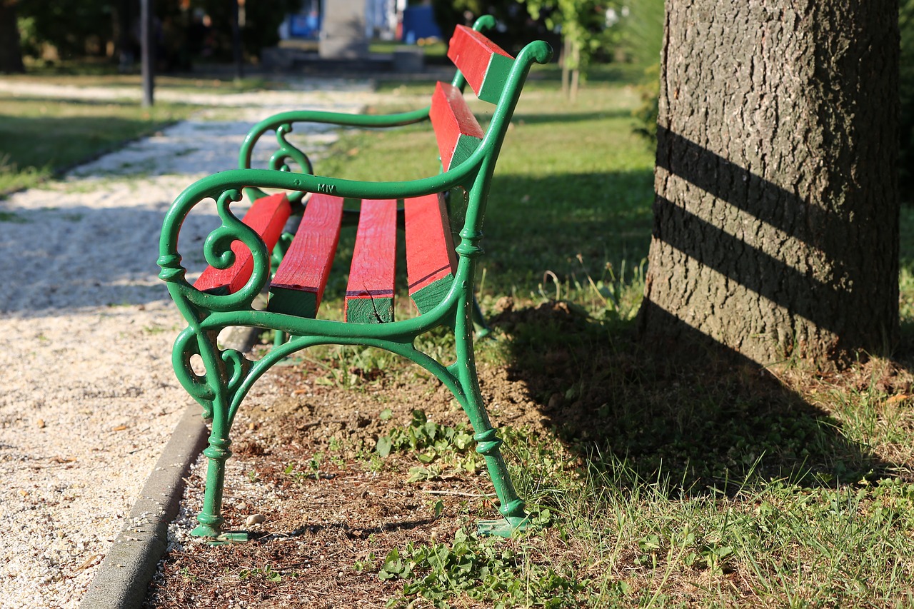 red bench  park  green free photo