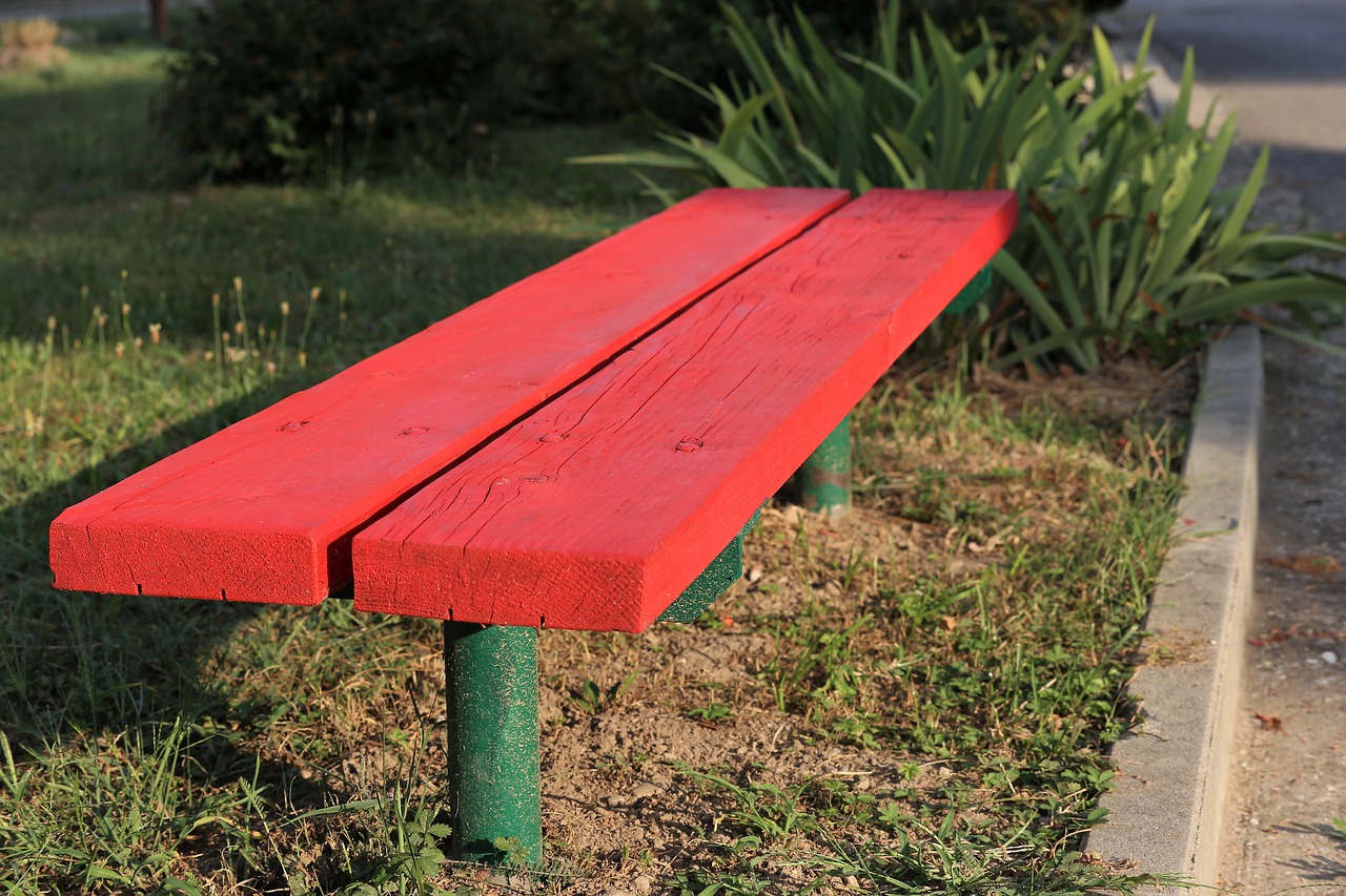 red bench  park  green free photo