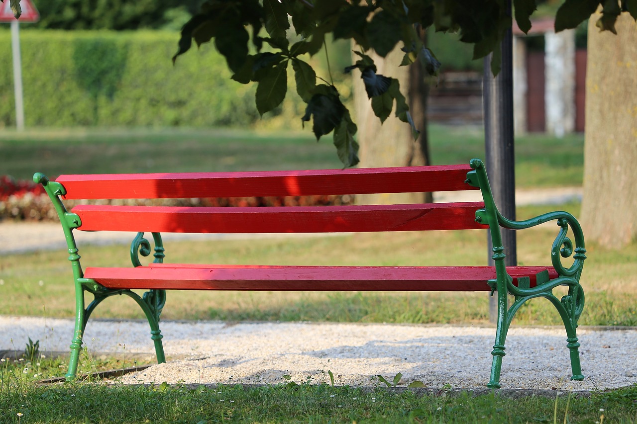 red bench  park  green free photo