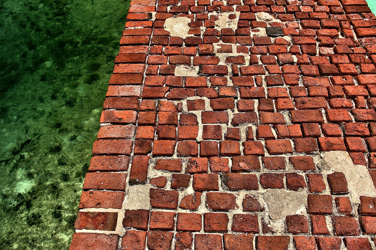 red bricks  ocean  pathway free photo