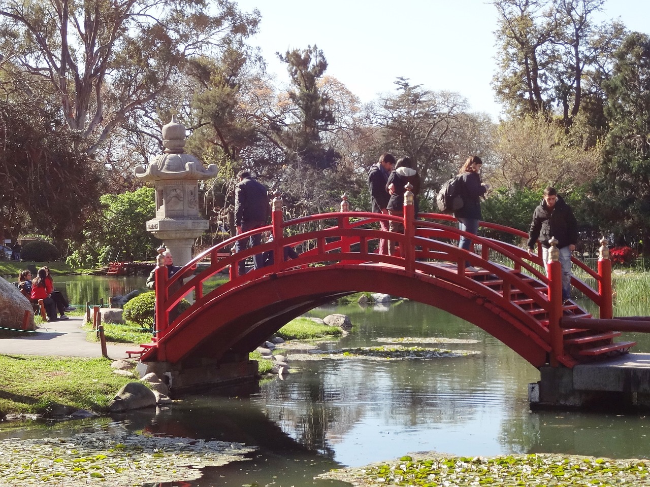 red bridge garden lake free photo