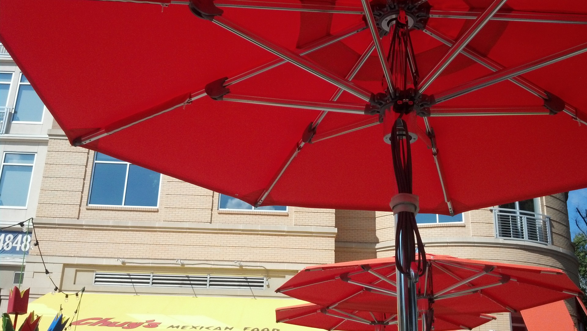 red umbrellas patio free photo