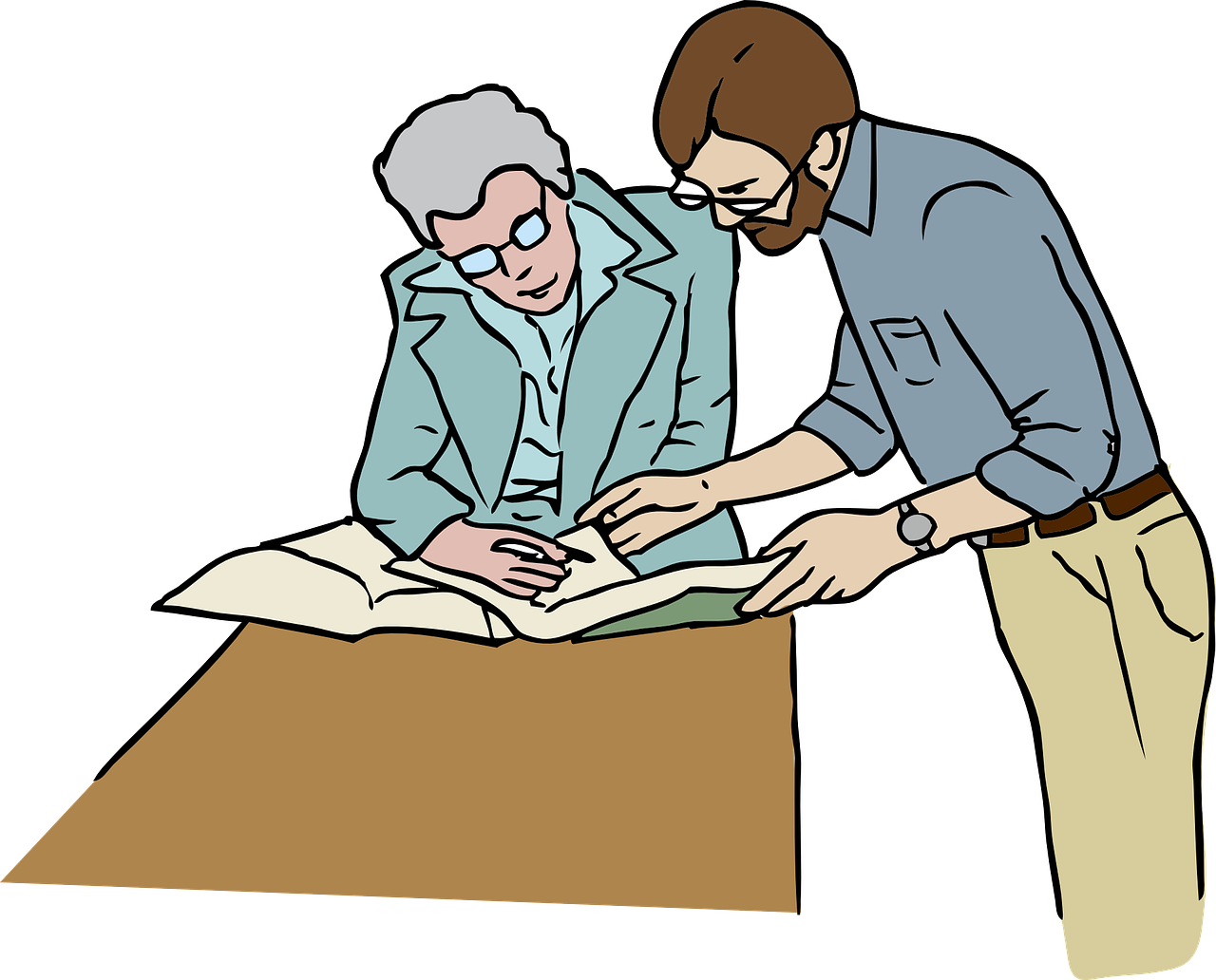 Two individuals standing around a desk and researching through books.