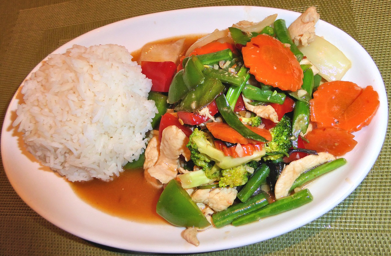 rice thai basil chicken vegetables free photo
