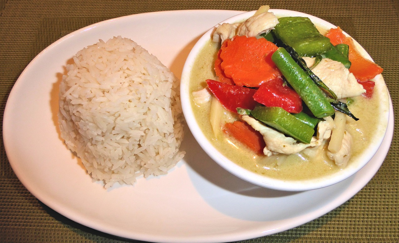 rice green curry chicken vegetables free photo