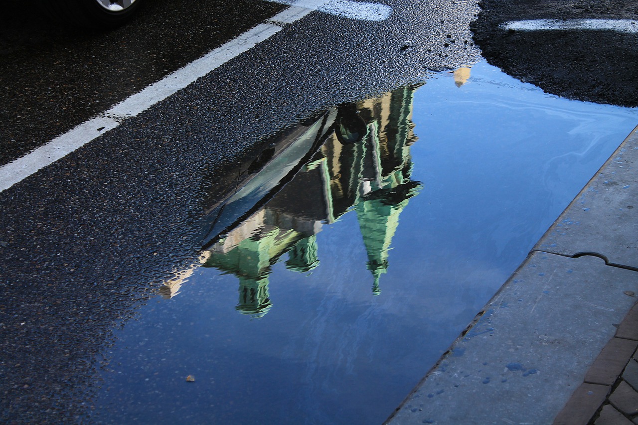 road puddle church free photo