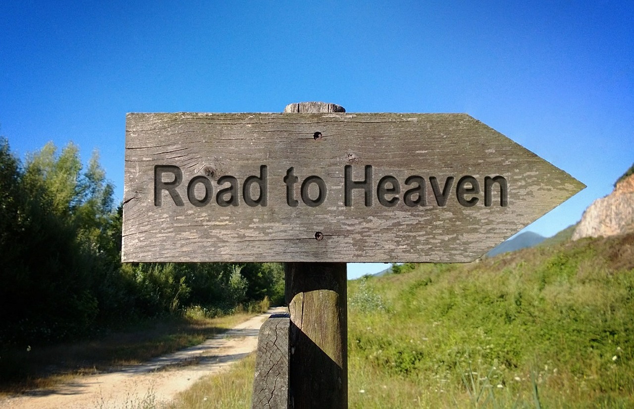 road to heaven wooden sign board way free photo