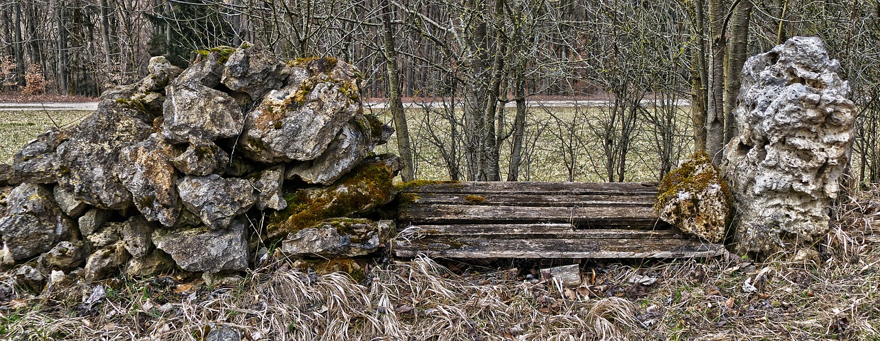 rock  stones  wooden bench free photo