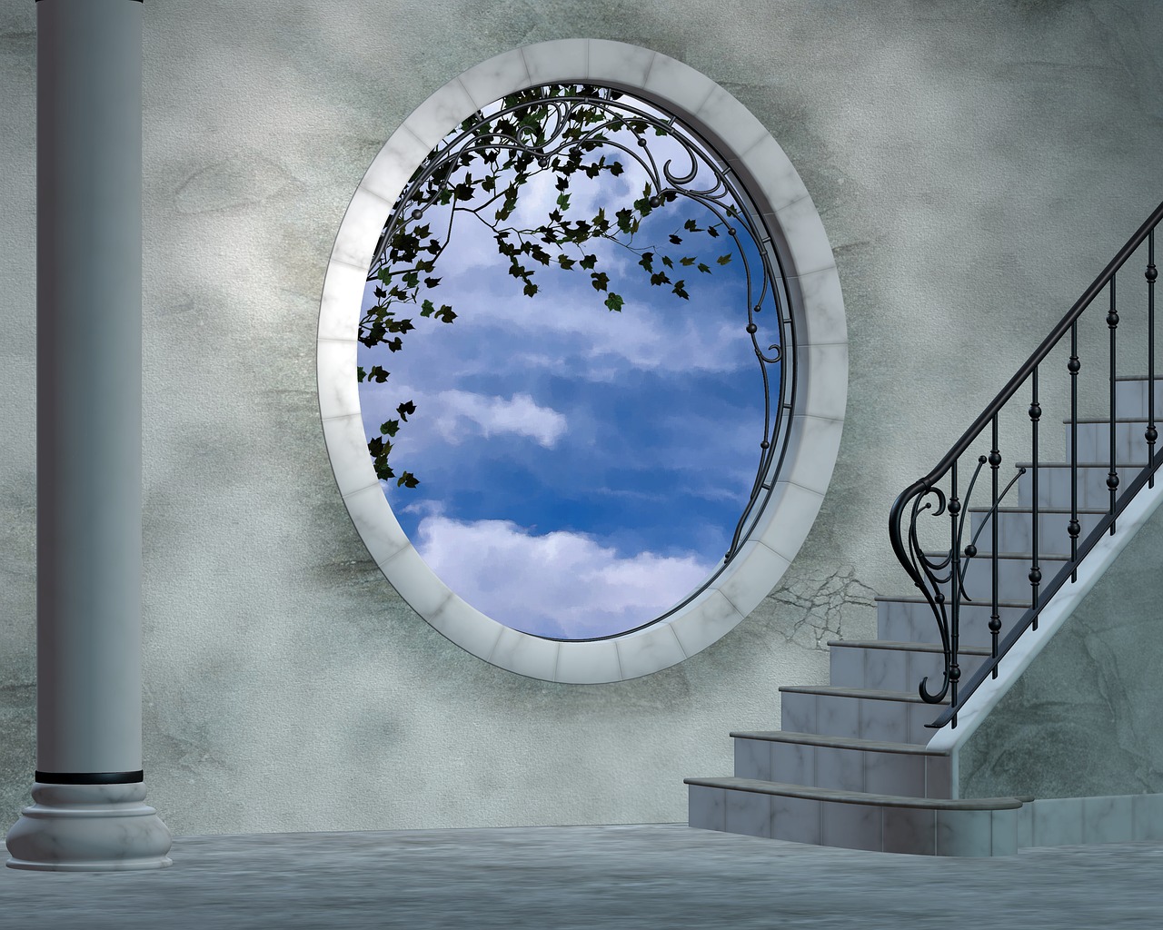 room oval window stairs free photo