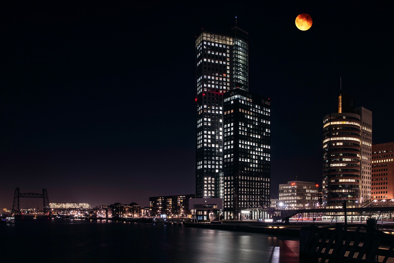 rotterdam  night  moon free photo