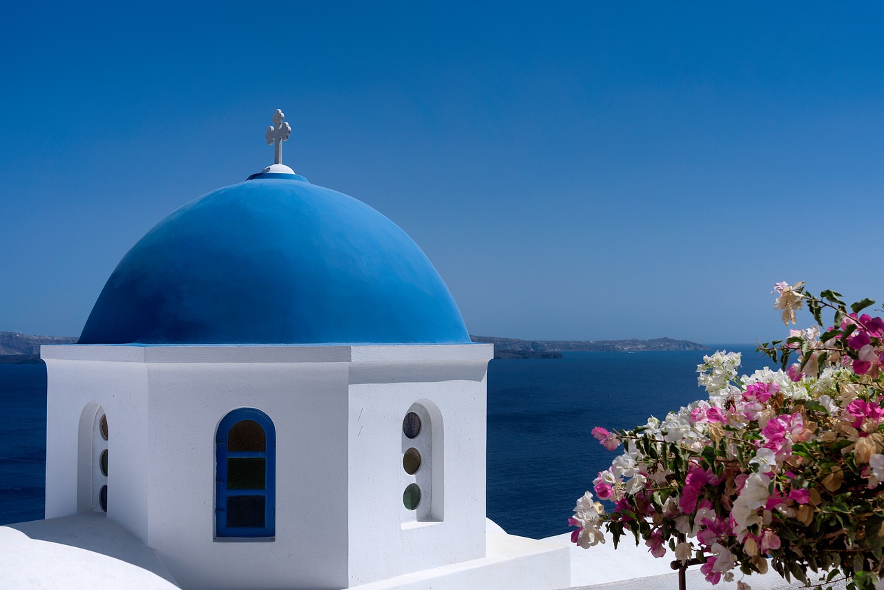 santorini blue dome free photo