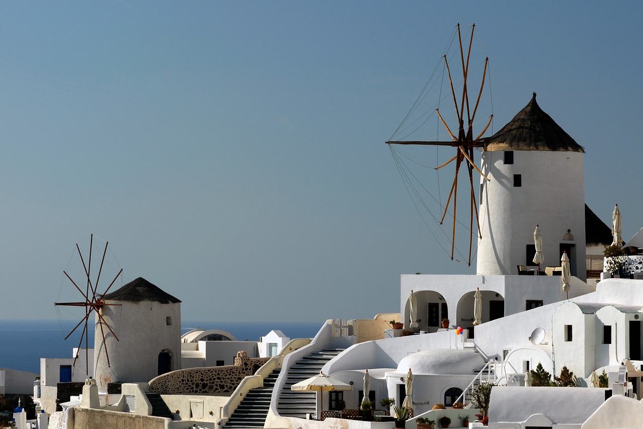 santorini greece windmills free photo