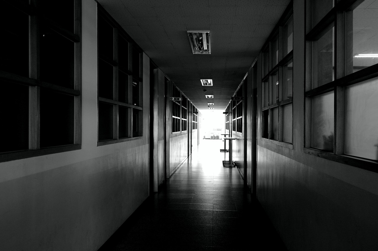 school hallway black and white free photo