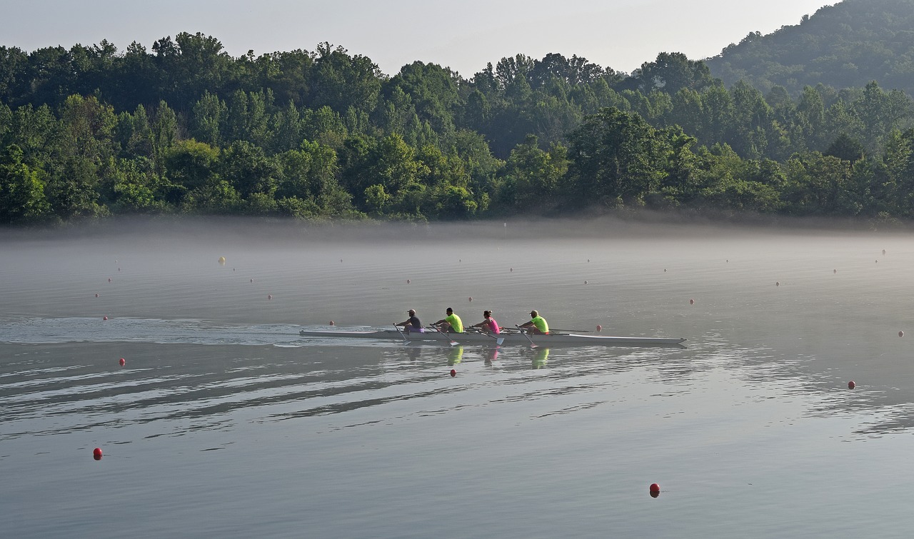 scull rowing in fog early morning free photo