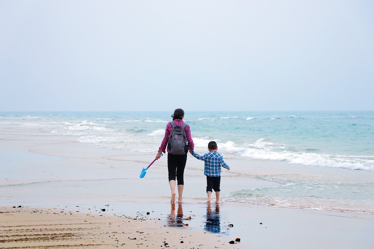 sea  beach  mother and son free photo