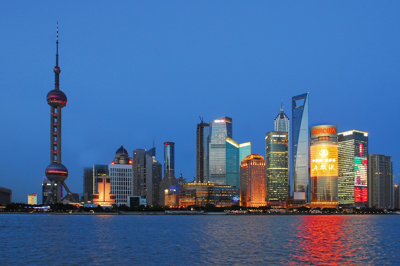 shanghai skyline blue hour free photo