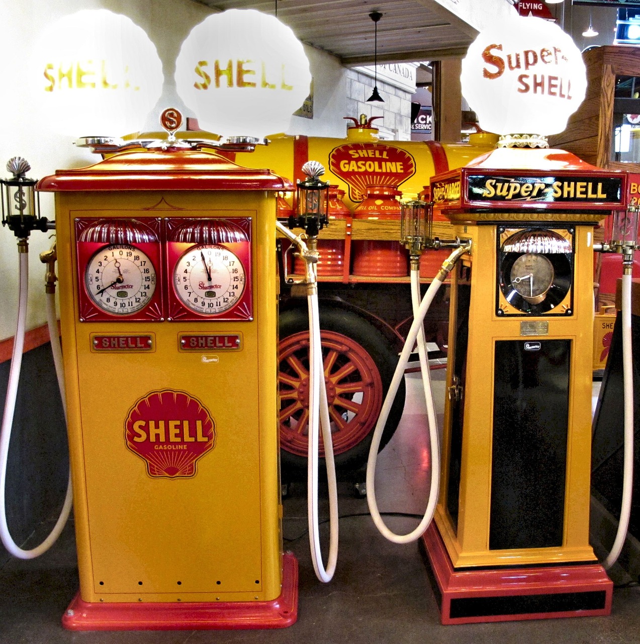 shell gasoline pumps antique restored free photo