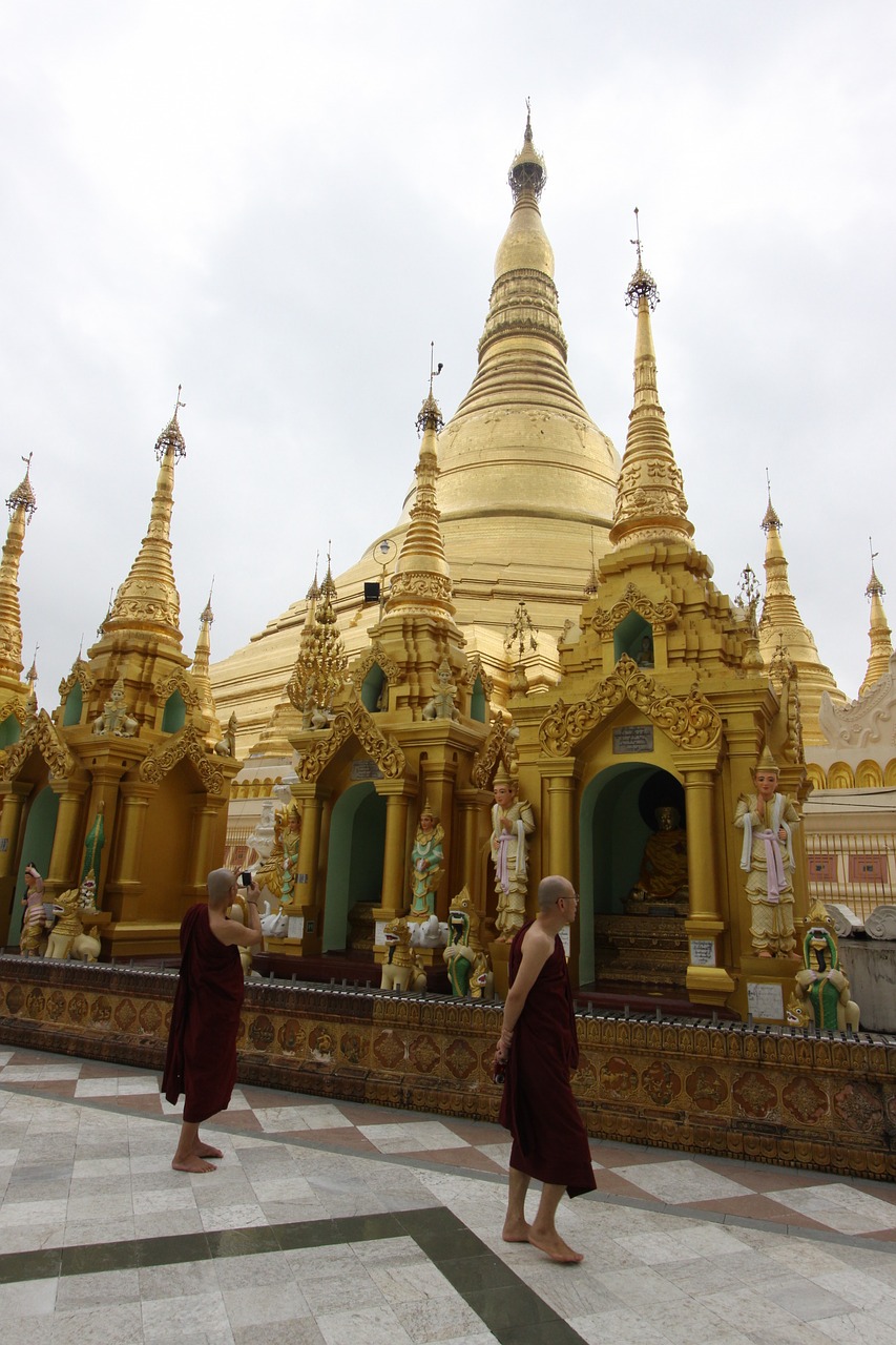 shwedagon golden pagoda monks free photo