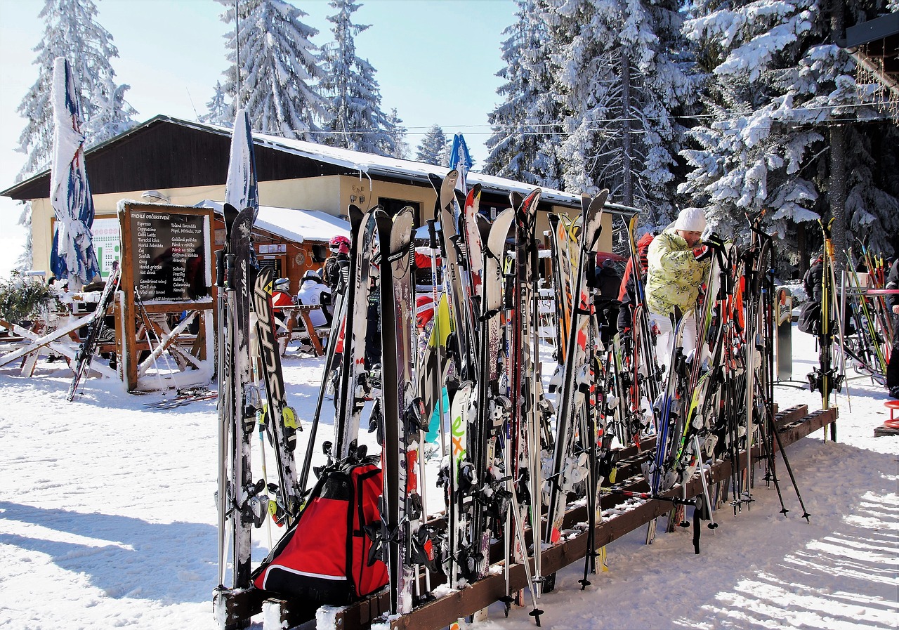 ski areal ski stand with skis free photo