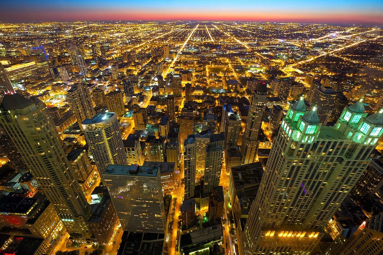 skyline night city chicago skyline free photo