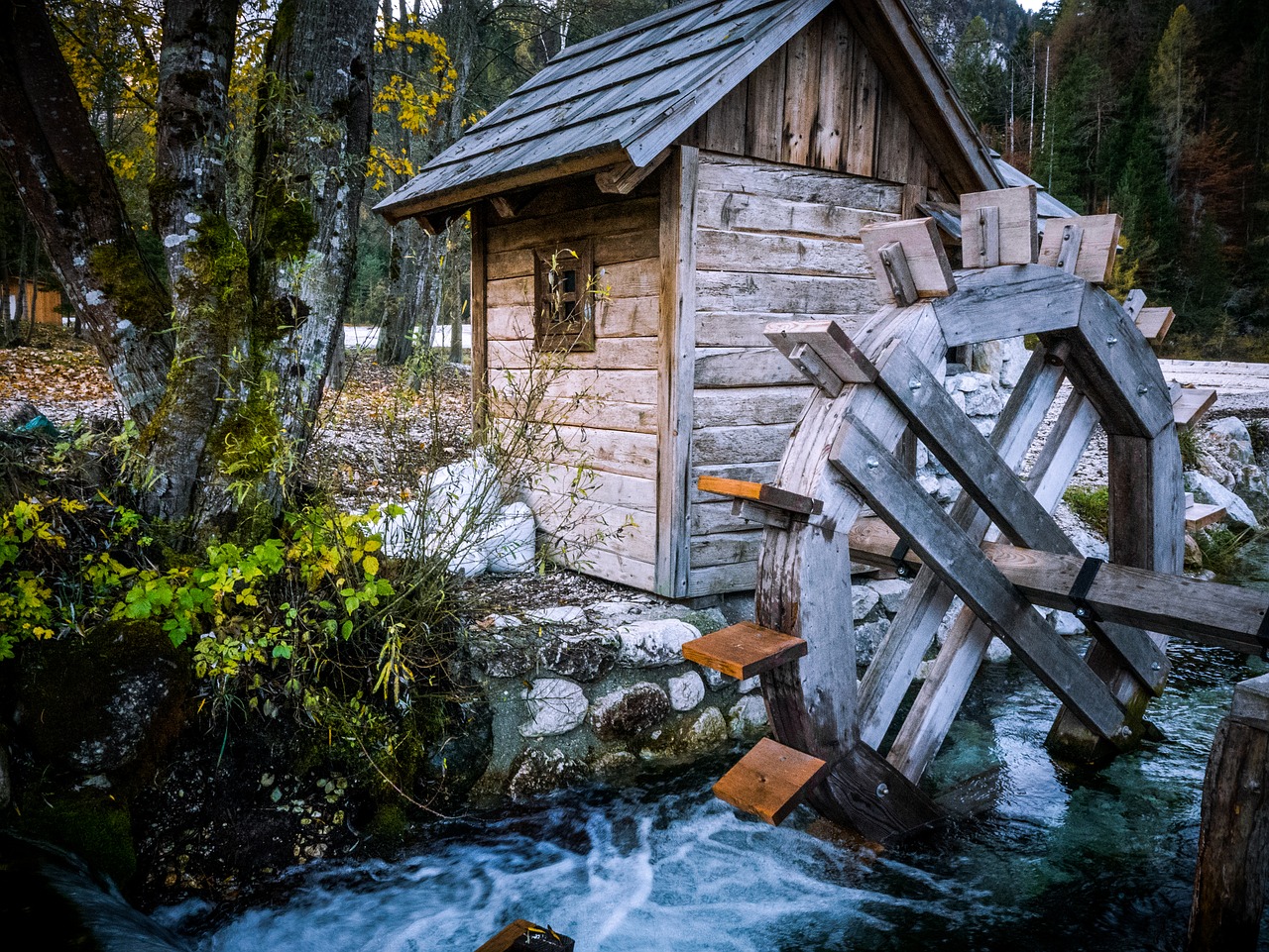 slovenia log cabin waterwheel free photo
