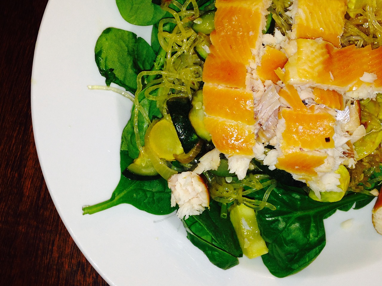 smoked trout kelp noodles spinach free photo