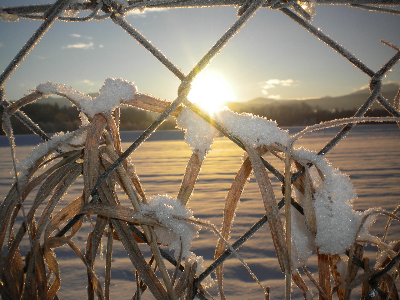 snow sunrise fence free photo