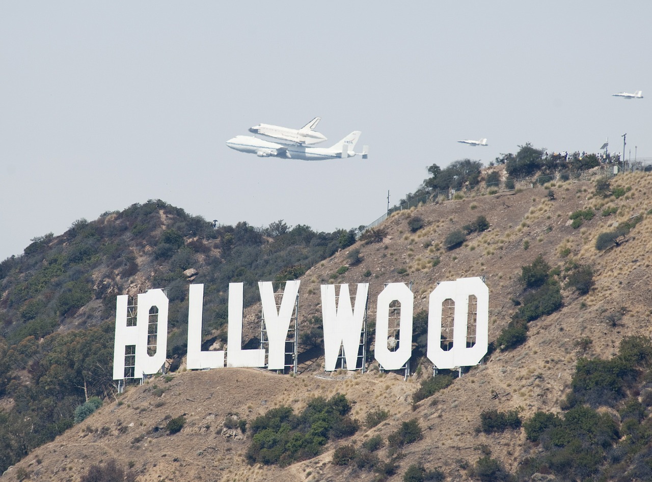 space shuttle flight hollywood sign free photo