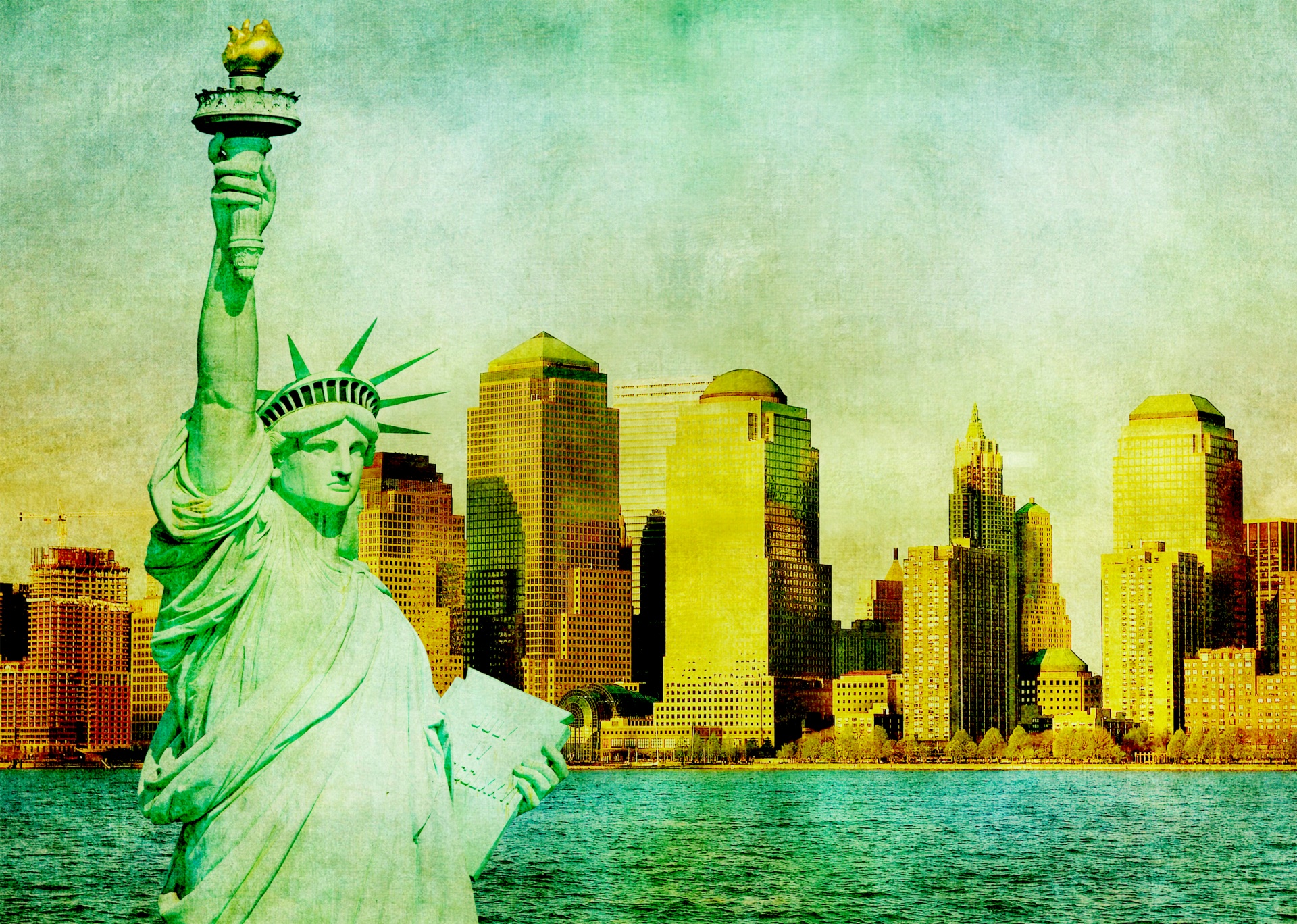 statue liberty new york skyline free photo