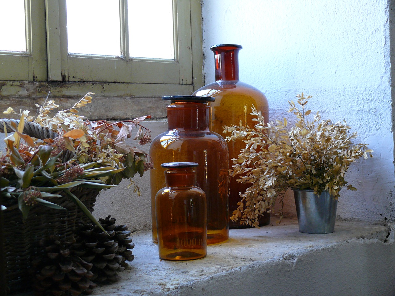 still life window bottles free photo