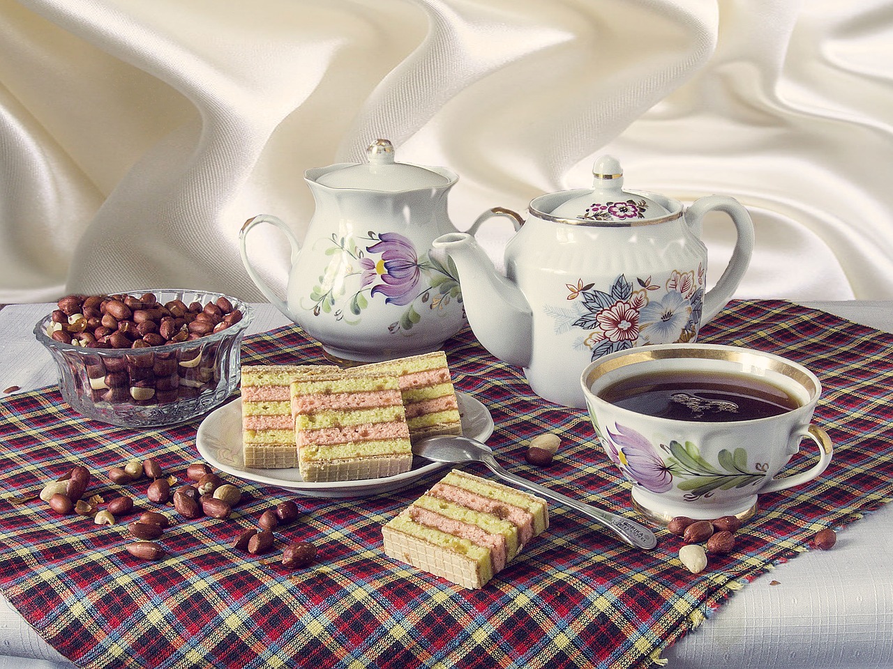 still life peanuts tea set free photo