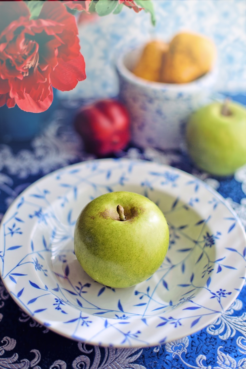 still life  china blue  green apple free photo