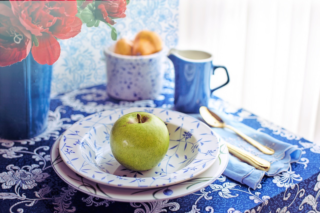 still life  china blue  green apple free photo