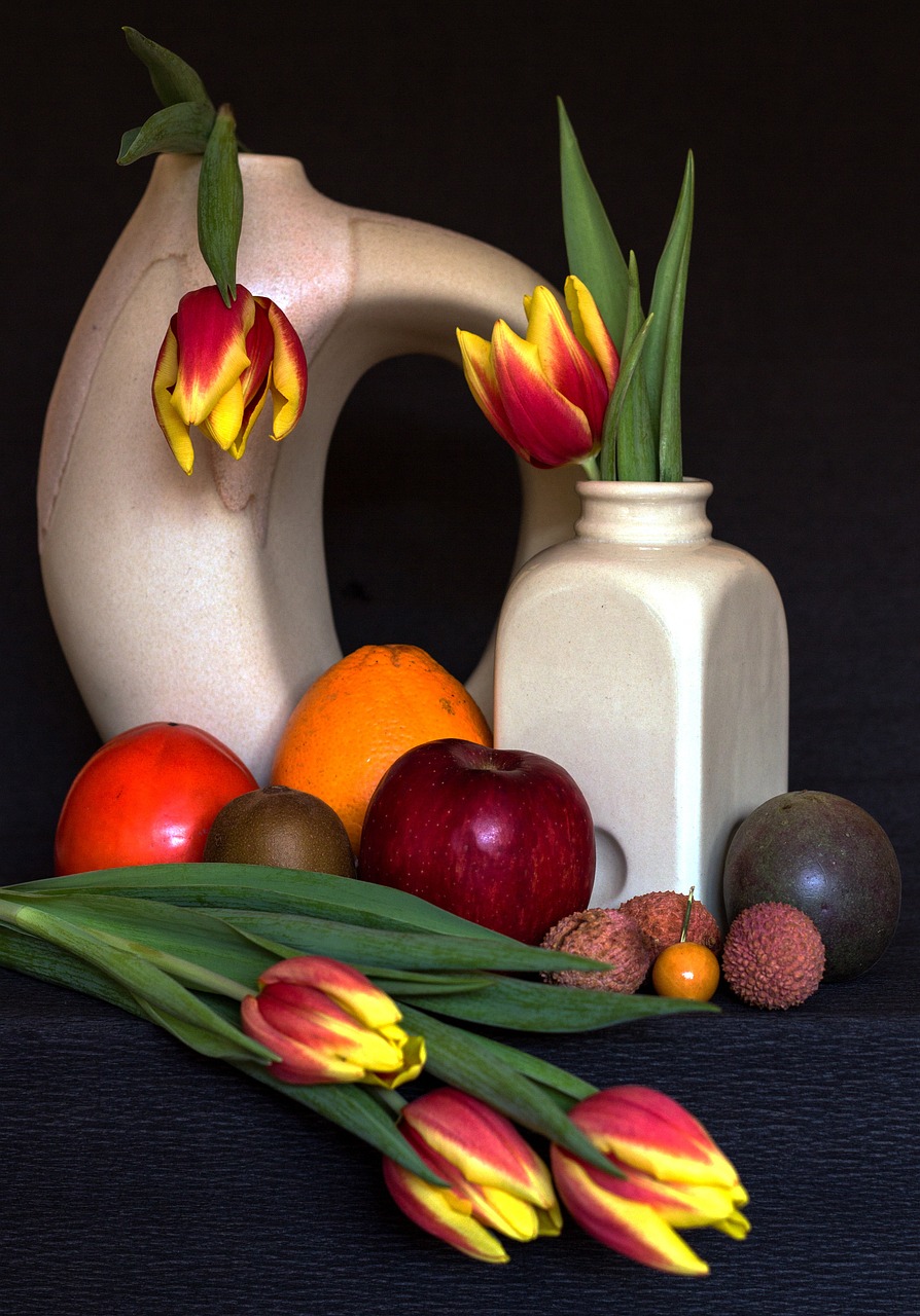 still life fruits tulips free photo