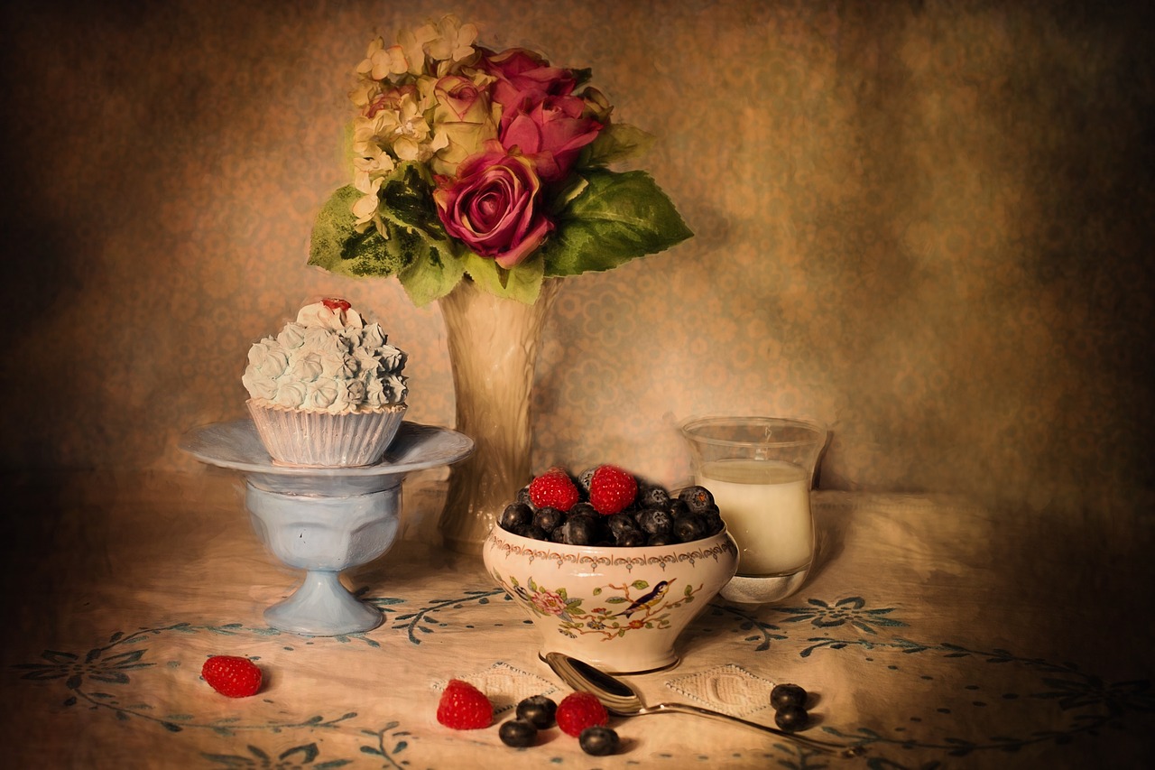 still-life blueberries and cream table setting free photo