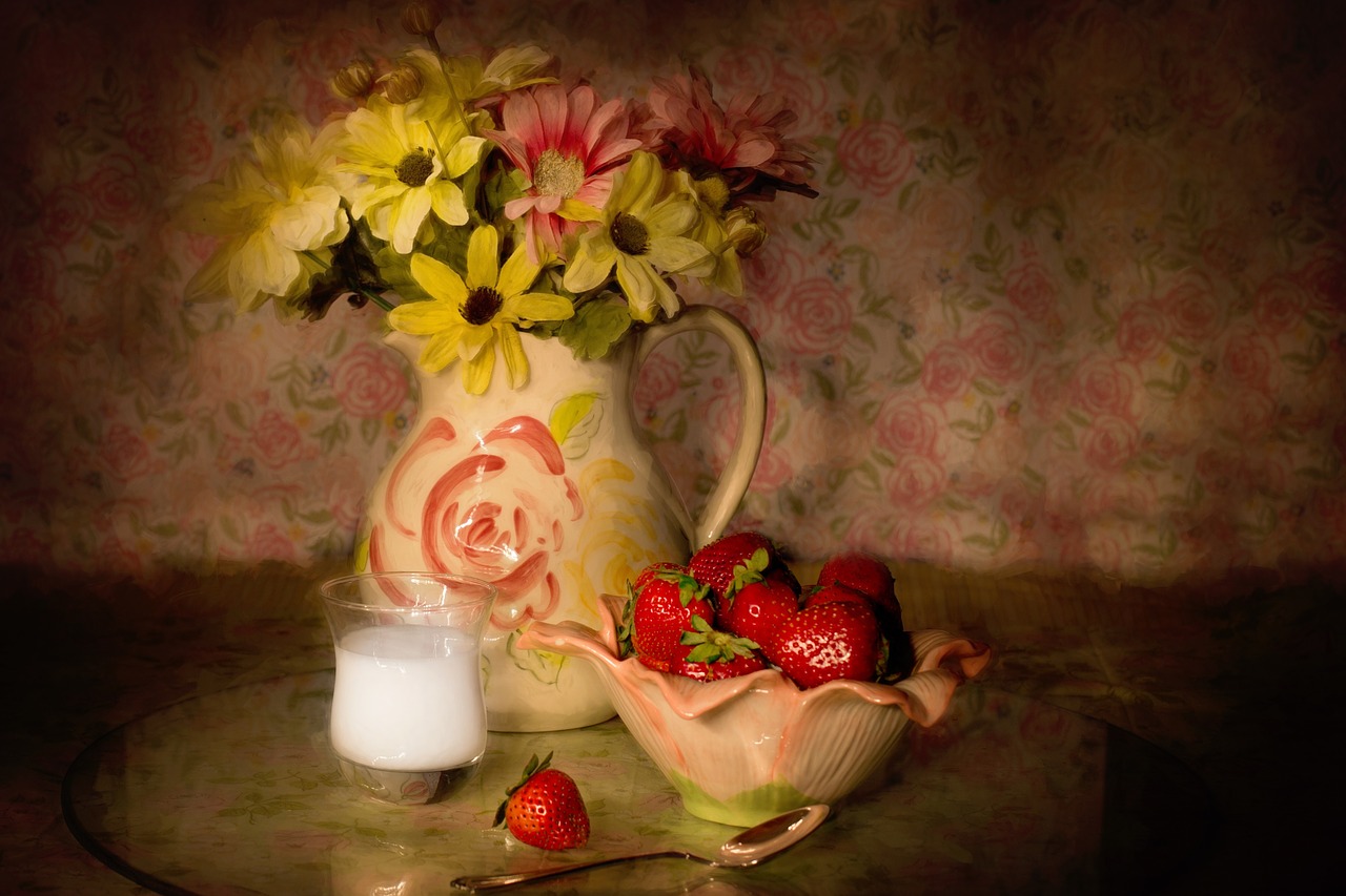 still-life strawberries in a bowl cream free photo