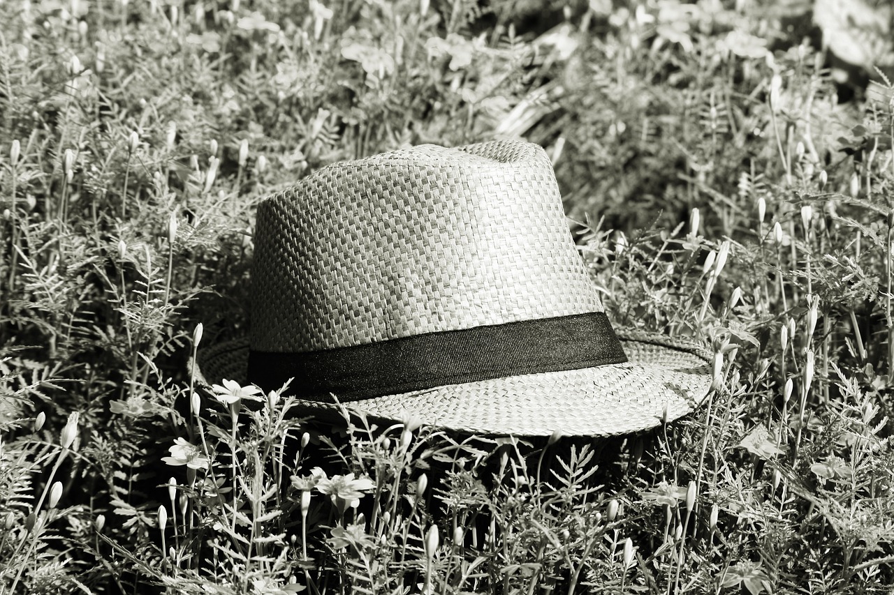 straw hat  summer meadow  black and white photography free photo