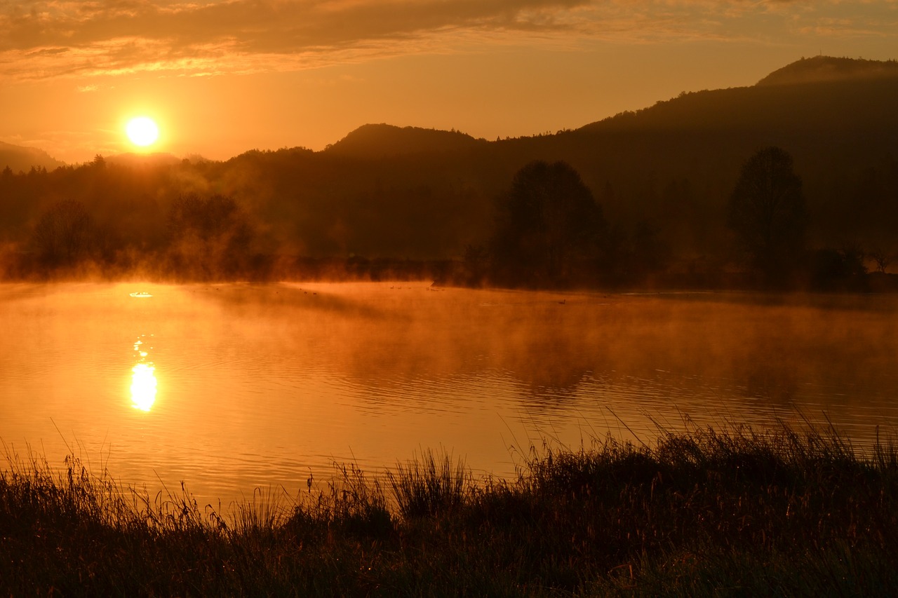 sunrise pond fog free photo