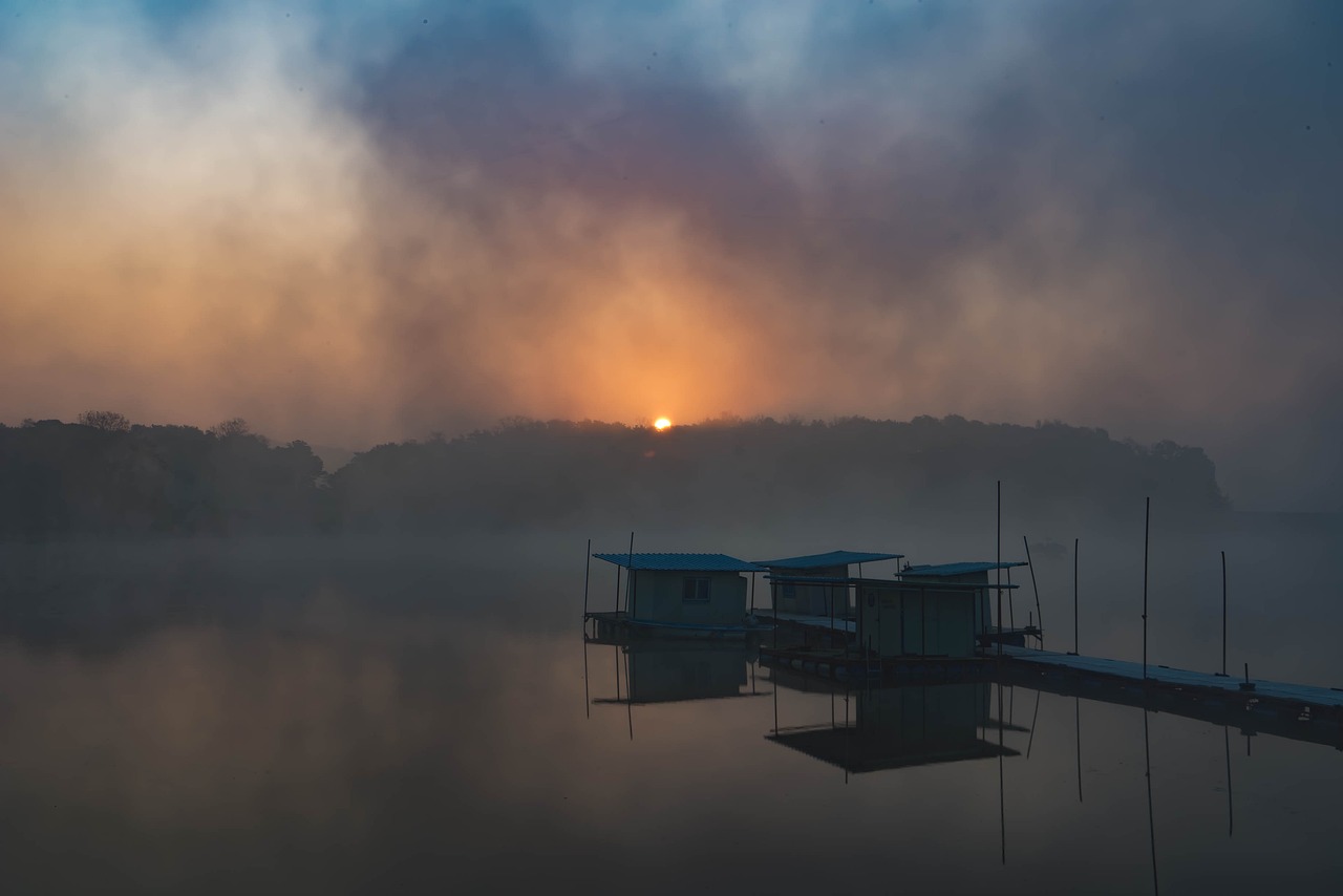 sunrise reservoir landscape free photo