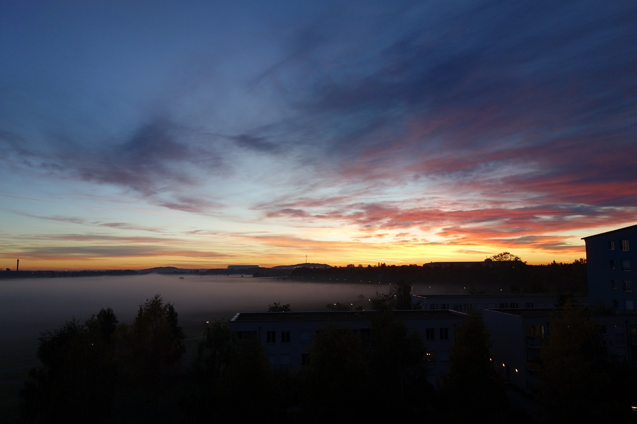 sunrise ground fog clouds free photo