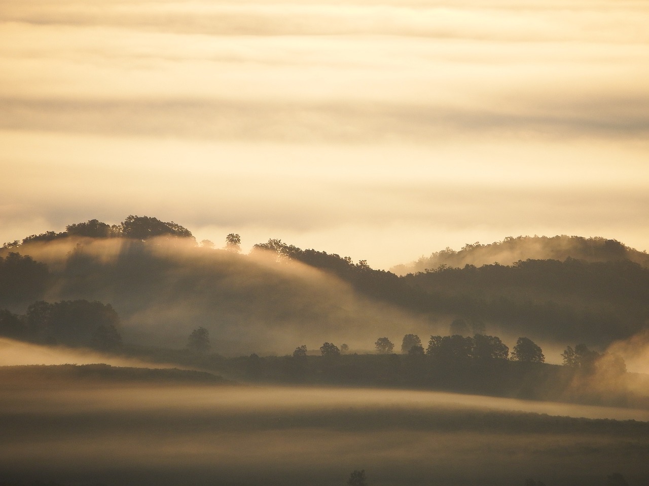 sunrise dawn mist morning hill free photo