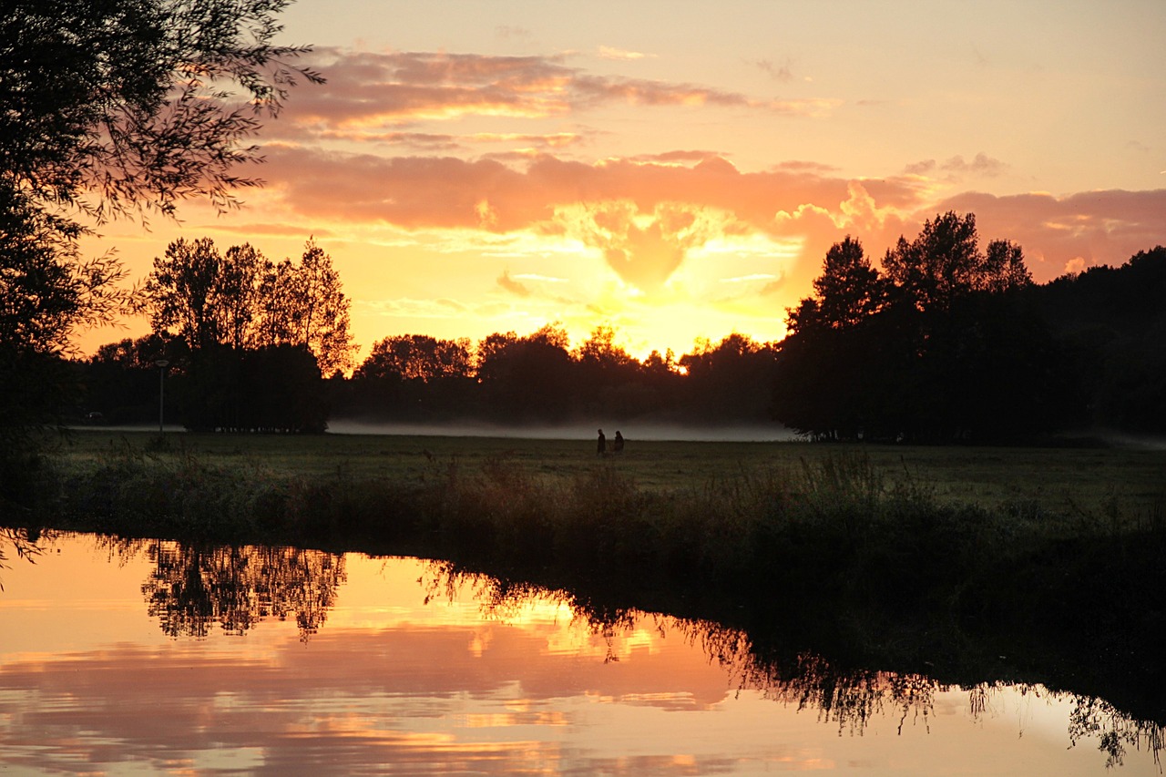 sunset meadow area mist free photo