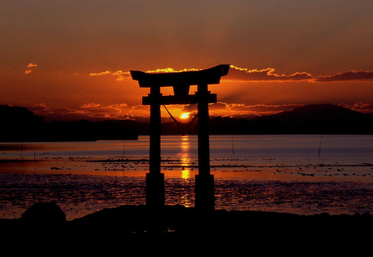 sunset shrine sea free photo
