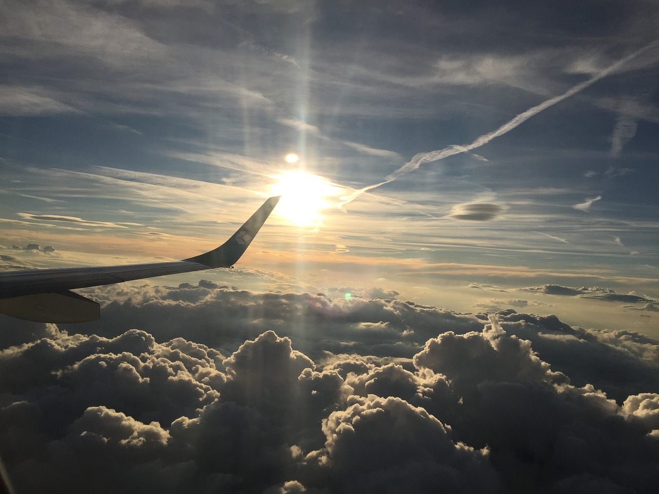 sunset airplane clouds free photo