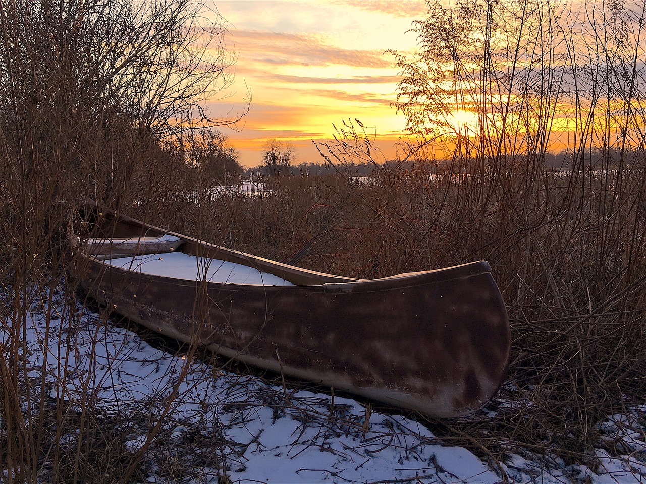 sunset canoe lake free photo